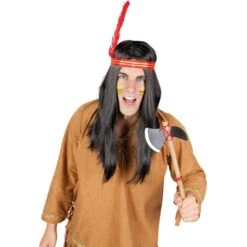 Langhaarperücke Für Erwachsene - Amerikanische Ureinwohner - Mit Stirnband Und Feder